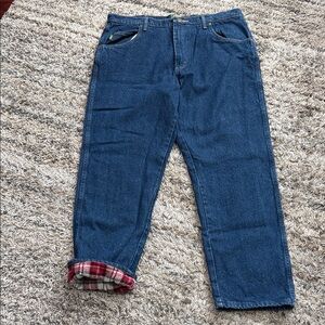 Cabela's men’s Dark Blue Jeans with flannel Plaid Interior linning sz 38/30